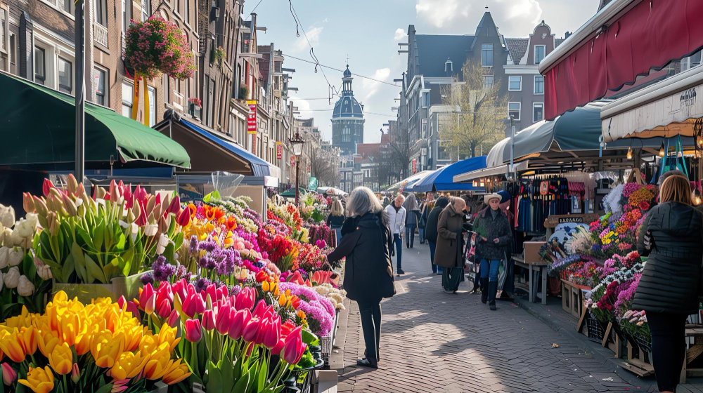 A bustling flower market with a variety of colorful flowers for sale There are many people walking around and shopping for flowers
