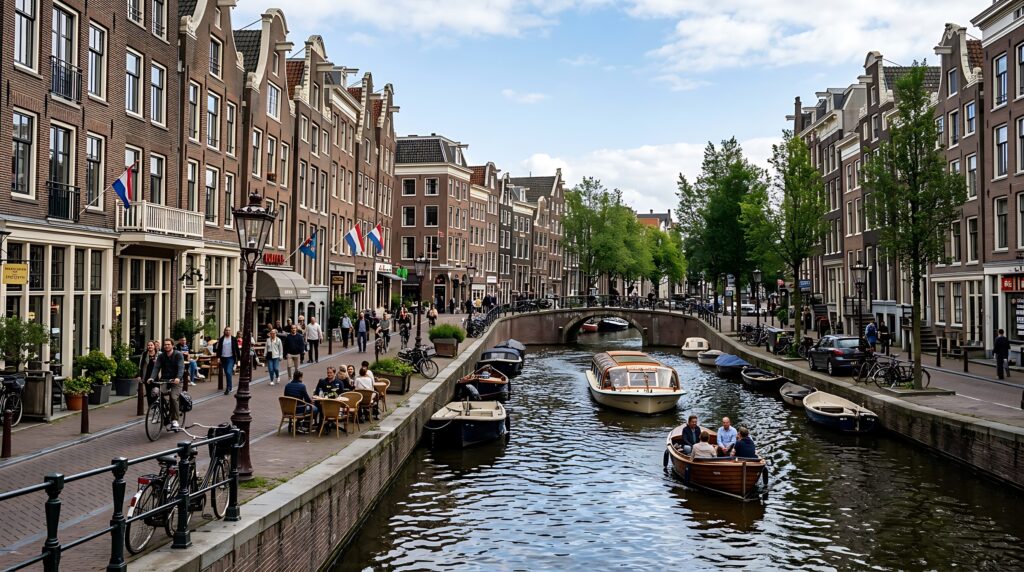 Café terraces along a canal in central Amsterdam