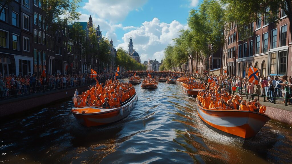 Boats full of people in orange on the canals during King's Day