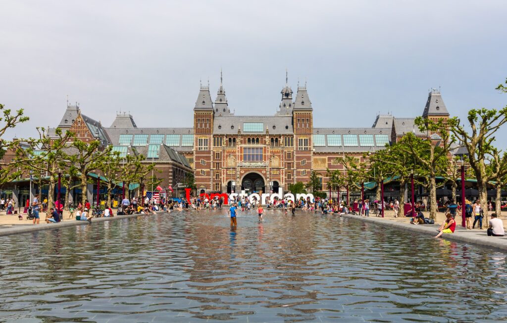 The Rijksmuseum seen from the pond on Museumplein