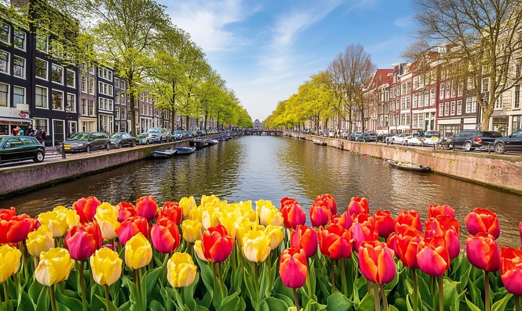 Tulips in bloom along the Amstel in spring
