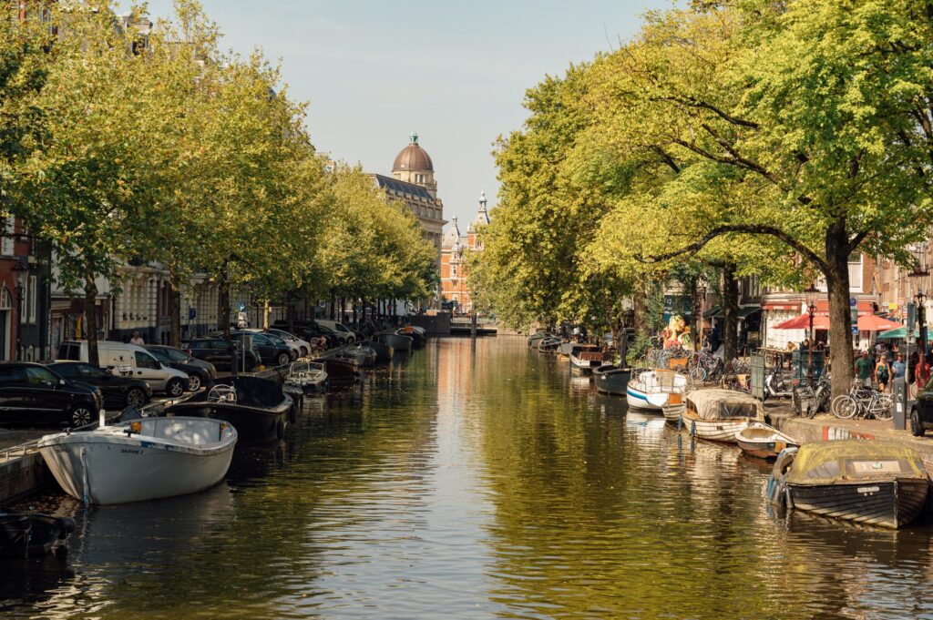 Summer on an Amsterdam canal with trees and boats