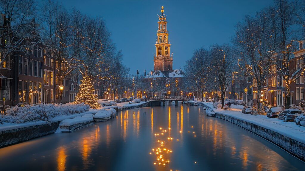 Snowy canal and Zuiderkerk tower on a winter evening